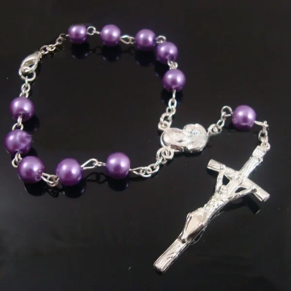Wholesales Christian Jewelry Plastic Round Peal Glass Beads Rosary Crucifix Virgin Mary Pendant Rosary Bracelet