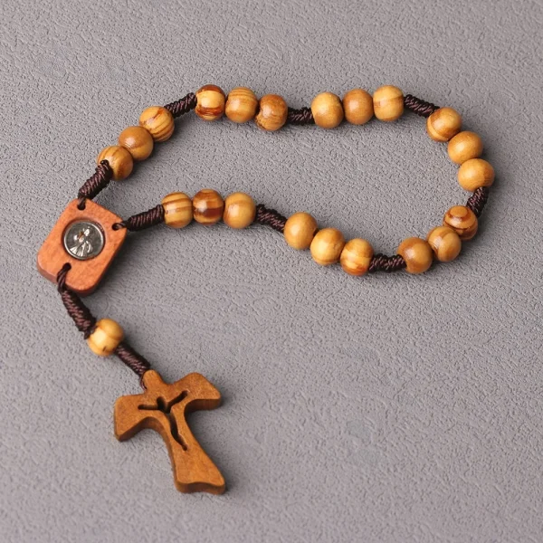 Wholesale Natural Wooden Cross Rosary for Bracelet Catholic Jesus 8mm Pine Wood Beads Gold Mary Rope Braided Easter Jewe