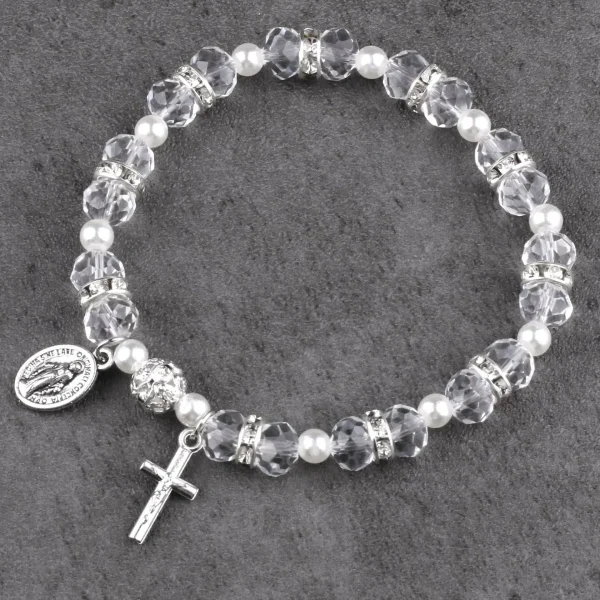 Religious Style Crystal Cross Bracelet Elastic Cord Glass Beaded Product Cross Virgin Mary Zinc Alloy Catholic Bracelet