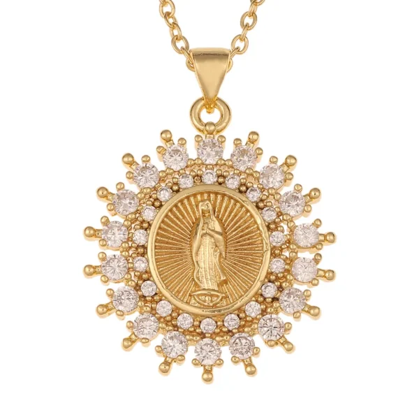Mecrt Catholic Oval Coin Medallion Necklace 18K Gold Plated CZ Virgin Mary Pendant Cubic Zirconia Our Lady of Guadalupe