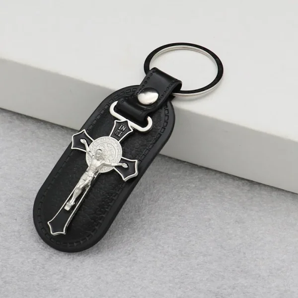 Catholic Cross Jesus Keychain Vintage Retro Metal Crucifix PU Combination Car Pendant Keychain Key Jewelry Pendant