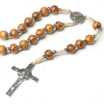 Catholic Wood Rosary Necklace, Wooden Prayer Beads with Zinc Alloy Saint Benedict Cross Pendant, Religious Jesus Neck Jewelry - Image 4