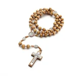 Mecrt Catholic Rosary Crucifix Retro Wood Beads Alloy Benedic Jesus Christ Cross Virgin Mary Pendant Rosaries Necklace - Image 2