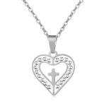 Wholesale New Fashion Women's Stainless Steel Rhinestone Heart Round With Cross Pendant Necklace in Gold/Silver Tone 20Inch - Image 3