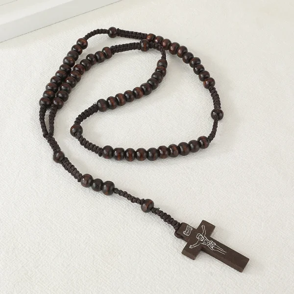 Handmade Natural Wood Beads Catholic Rosary Necklace Cross Jesus Pendant Religious Crucifix Jewelry Unisex Anniversary W