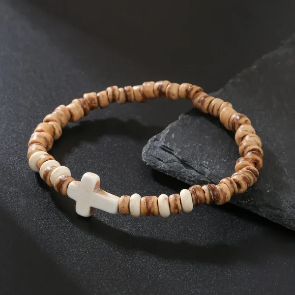 Wooden Bracelet for Men Handmade Beaded Coconut Shell Wood Chip Turquoise Cross Bracelet Hot-selling Religious