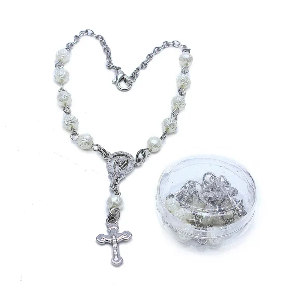 Handmade Luxury 6mm Rosary Beaded Bracelet with Rose Cross Crucifix Trendy Alloy Charm Bracelets for Women for Anniversa