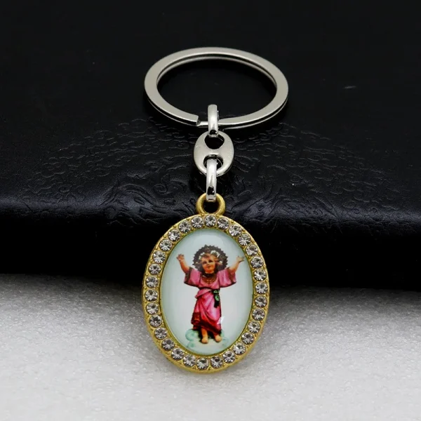 Catholic Theme Alloy Handmade Commemorative Cartoon Photo Frame Oval Micro-Inlaid Jewelry Keychain Pendant