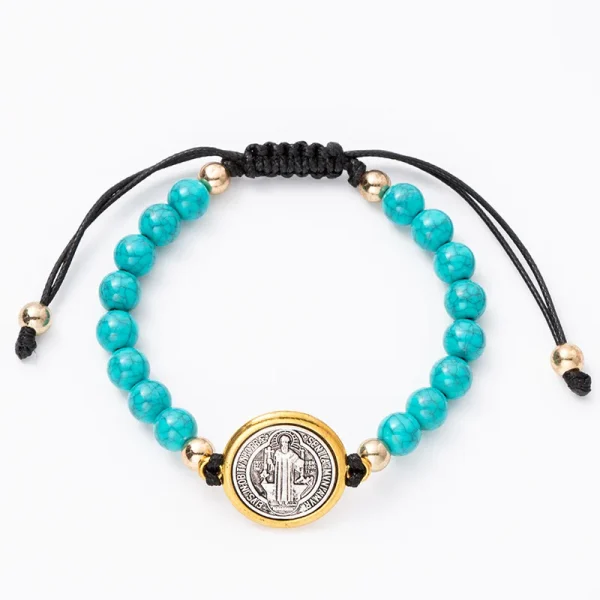 Saint Benedict Rosary Prayer Bracelet Adjustable String Saint Benedict Rosary Bracelet Turquoise Beaded Bracelet