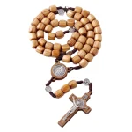 Catholic Rosary Crucifix Cross Pendant Religious Necklace Unisex Wooden Jesus Prayer Beads Rosaries Easter Gift Church Souvenirs