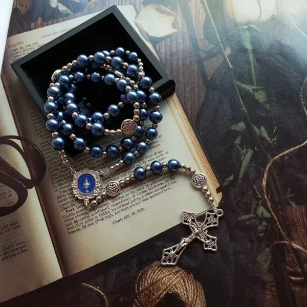 Mecrt Catholic Rosary Glass Crucifix Imitation Pearl Cross Rosary Zinc Alloy Necklace Beaded Pendant Chain Gift Wholesal