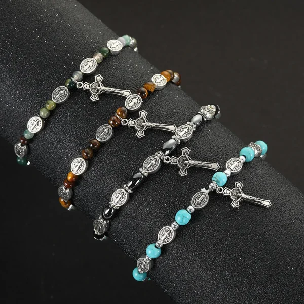 Catholic Jewelry Bracelet Saint Benedict Beaded Bracelet Black Gallstone Alloy