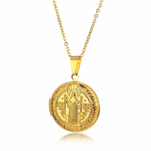 St Benedict Beaded Zinc Alloy 18k Gold Plated Pendant Medal Necklace with Cross Bible Locket Christian Religious Gift