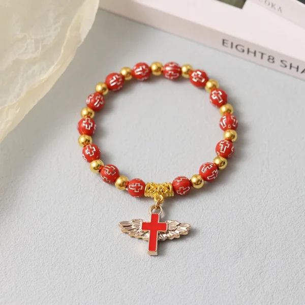 Catholicism Acrylic Cross Bead Bracelet with Gold Stamping Angel Cross Eucharist Baptism Rosary Bracelet Beaded Gift