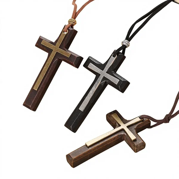 Vintage Handmade Double-layer Alloy Wood Cross Necklace for Women Men Long Pendant Sweater Chain Car Hanging N300