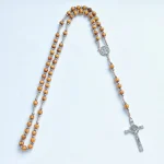 Religious Rosary Necklace Wood Beaded Cross Catholic Prayer BeadJesus and Saint Benedict Pendant Necklace - Image 4