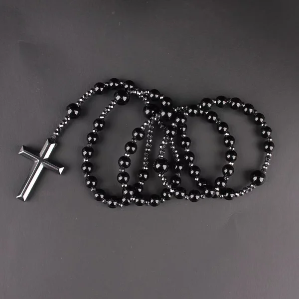 Mecrt Religious Black Onyx African Turquoise Hematite Tiger Eye Stone Pray Beads Blessing Christian Cross Necklace