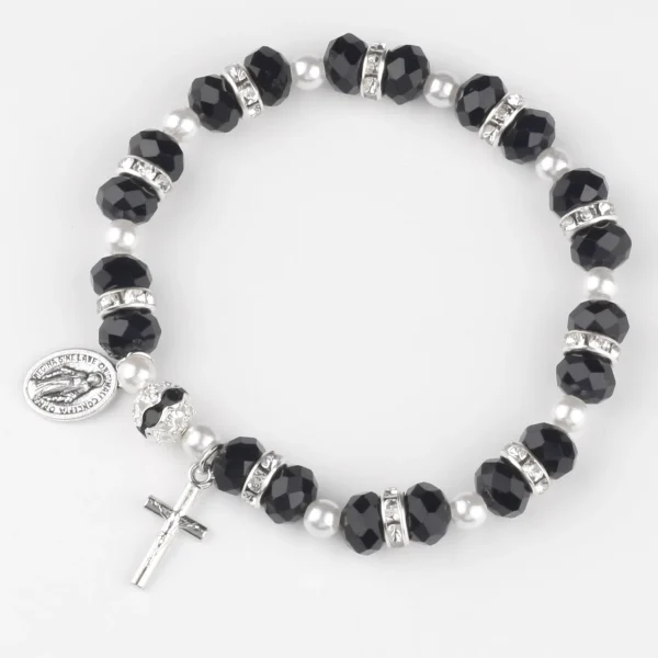 Religious Style Crystal Cross Bracelet Elastic Cord Glass Beaded Product Cross Virgin Mary Zinc Alloy Catholic Bracelet