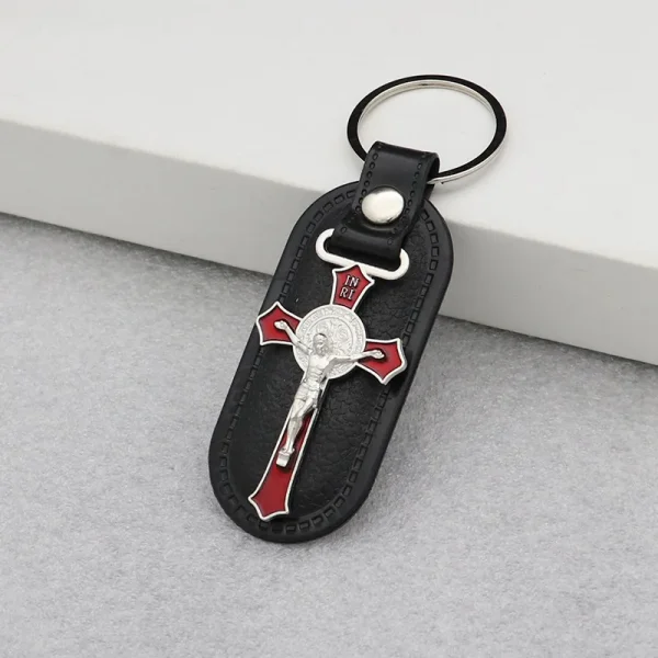 Catholic Cross Jesus Keychain Vintage Retro Metal Crucifix PU Combination Car Pendant Keychain Key Jewelry Pendant