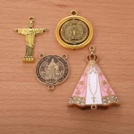 Catholic Gold Round Priest Listing Necklace DIY Zinc Alloy Pendant, Cross Pattern Jewelry Pendant - Image 2