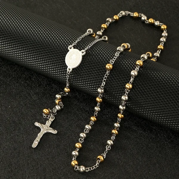Wholesale Stainless Steel Rosary Retro Niche Personality Premium Oval Necklace Tassel Cross Pendant Catholic Prayer Bead