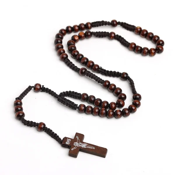 Catholic Rosary Necklace Jesus Cross Pendant Natural Wood Beads Jewelry Religious Exquisite Easter Christian Prayer Bead