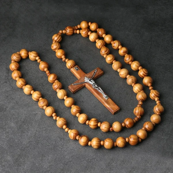 Wholesale Natural Wall Catholic Decorative Hanging Pine Beads Cross Rosary Pendant Wall Christian Ornaments