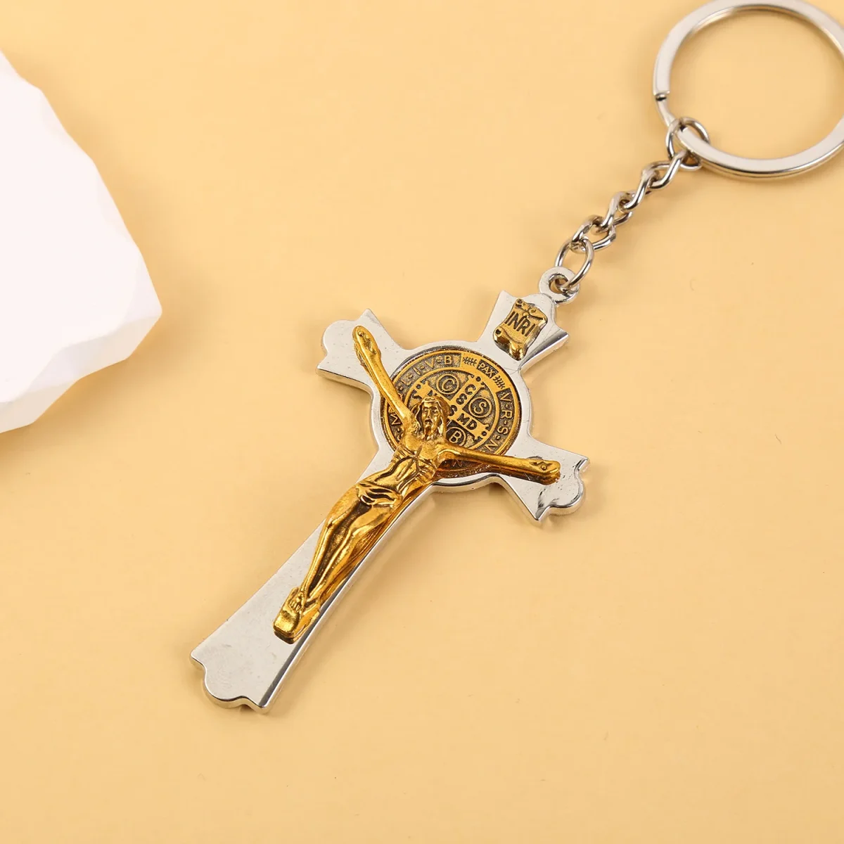 Catholic Cross Keychain Metal Saint Benedict Cross Keychain Catholic Crucifix Medal Keyring Jerusalem Charm - Image 2