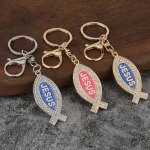 Jesus Keychain Pendant Geometric Metal Keychain Pendant with Full Diamonds and English Letters Fashion Design Key Accessory