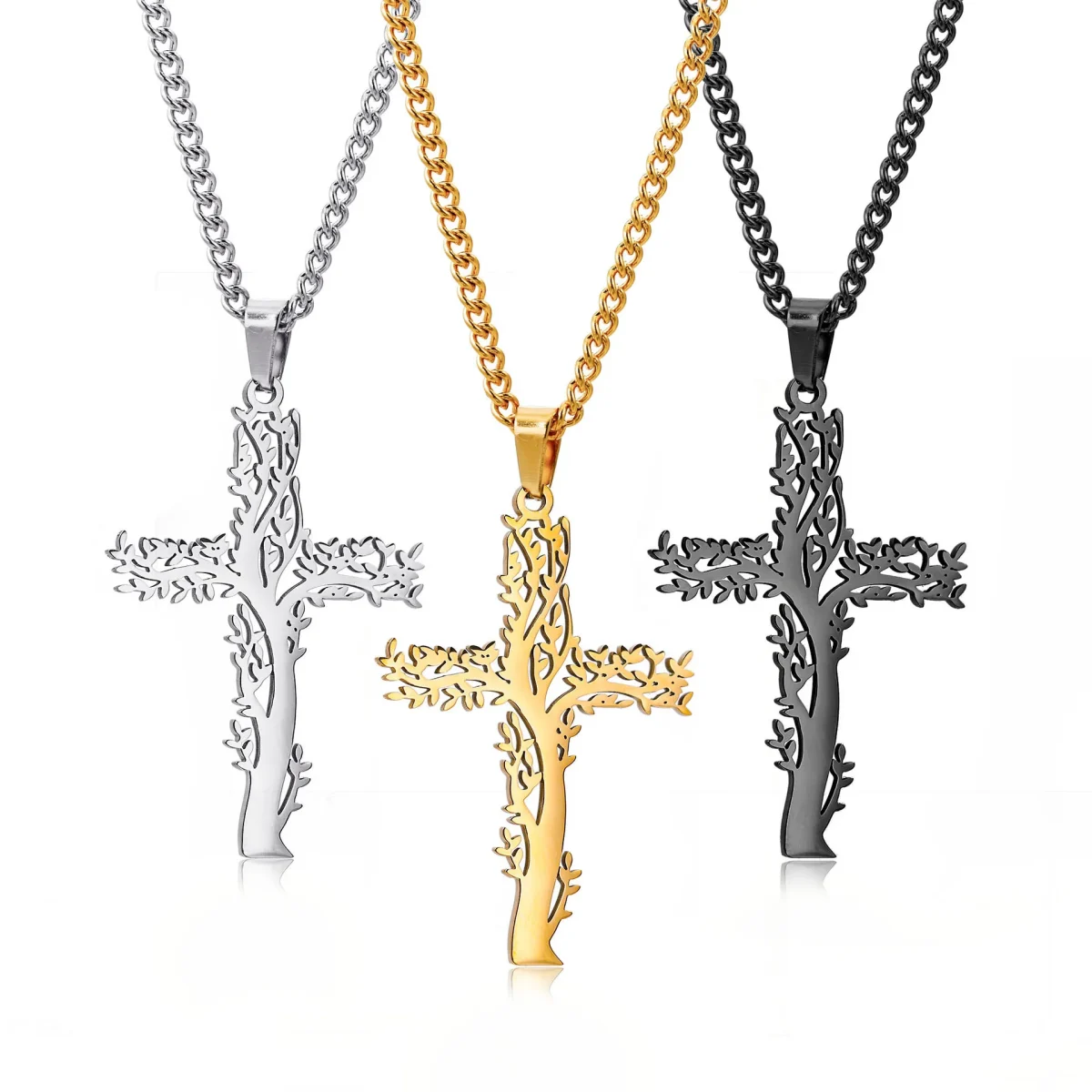 Stainless Steel Crucifix Tree Life Cross Pendant Necklace Jewelry for Men Women Religious Jesus Jewelry - Image 2