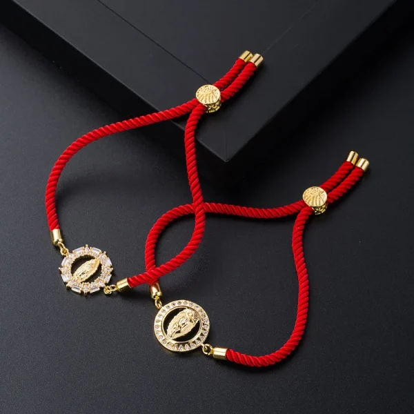 Mecrt 18K Gold-Plated Zircon CZ Statue Virgin Mary Pendant Red Rope Beaded Bracelet with Adjustable Hand Strap Fashion A