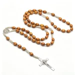 Wholesale Handmade Woven Catholic Rosary Necklaces Made of Natural Pine Wood (10mm*8mm) Separated by Spacer Beads