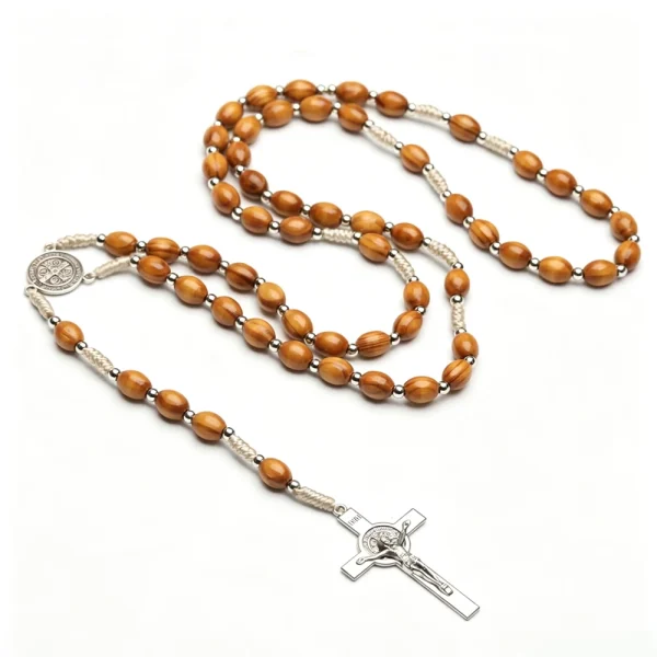 Wholesale Handmade Woven Catholic Rosary Necklaces Made of Natural Pine Wood (10mm*8mm) Separated by Spacer Beads