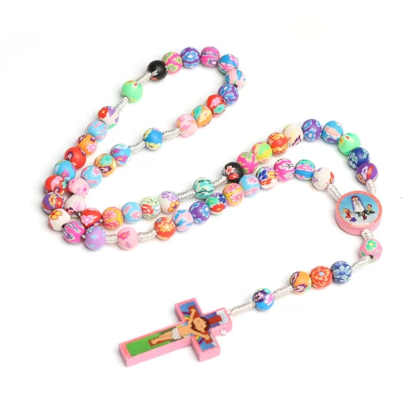 Mecrt Rosary for Child Necklace Colorful Polymer Clay Jesus Cross Pendant Beads Chain Holy Communion Baptism Kids Gift