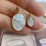 Custom Virgin Mary Miraculous Medal Natural Sea Shell With Dainty Carve Gold Electroplated Shell Pendant