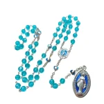 Blue Virgin Mary Rosary Silver 8mm Crystal Beads Protection Necklace Miraculous Centerpiece Catholic Rosaries