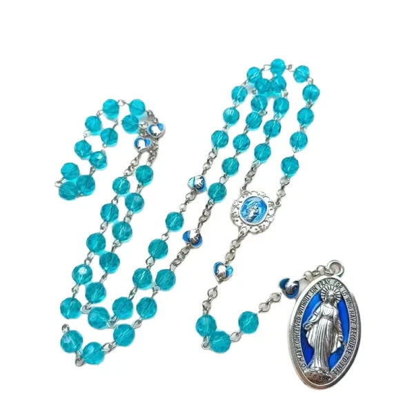 Blue Virgin Mary Rosary Silver 8mm Crystal Beads Protection Necklace Miraculous Centerpiece Catholic Rosaries