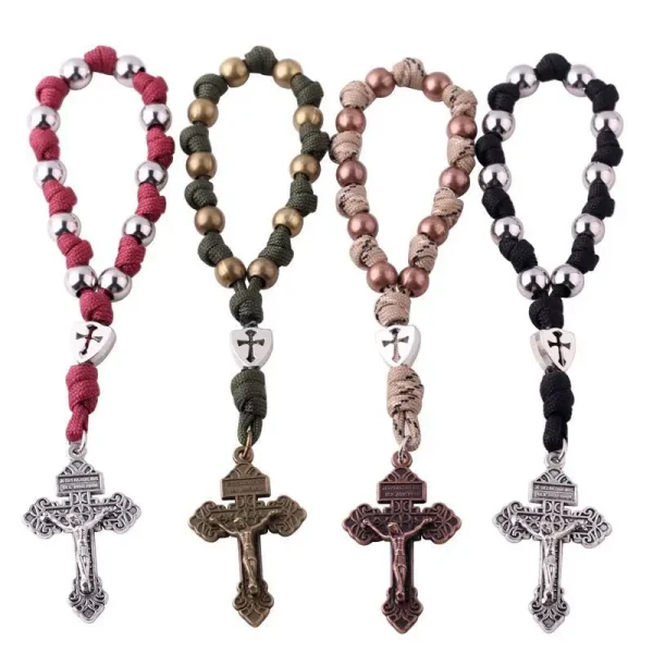 Colorful Metallic Rosary Bracelets Catholic Jesus Christ Cross Umbrella Rope Weaving Prayer Beads Cross Jewelry