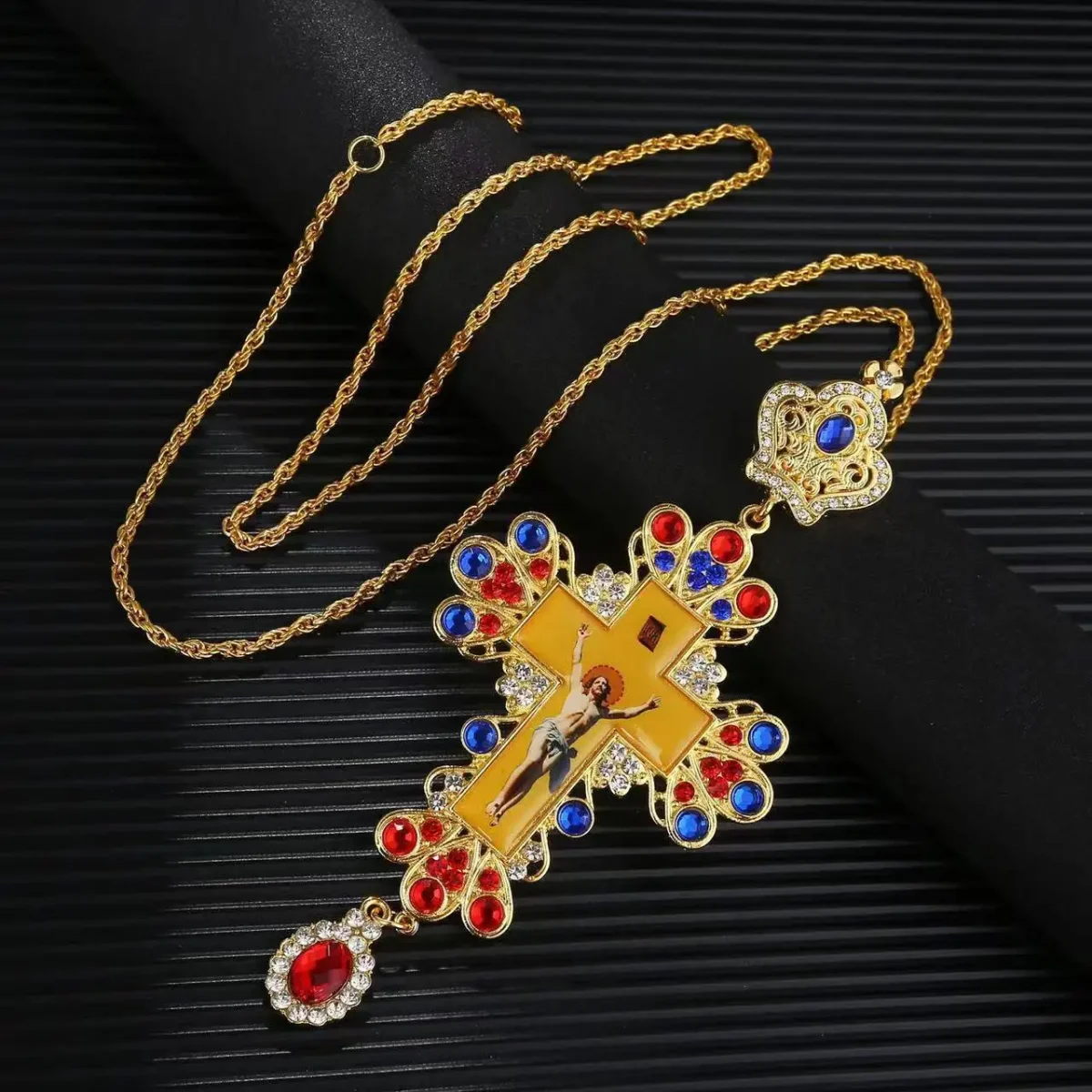 Cross Orthodox Jesus Crucifix Pendants Rhinestones Cross Chain Gold Religious Jewelry - Image 5