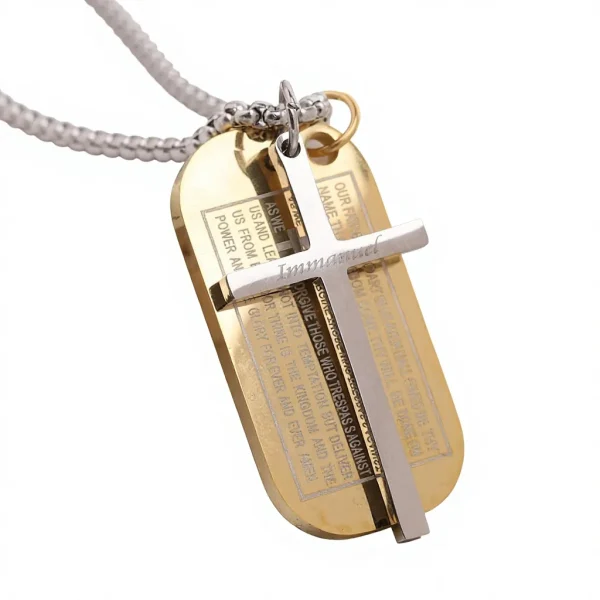 European American 44MM Fashion Retro Engraved Badge Cross Stainless Steel Pendant Necklace Bamboo Chain