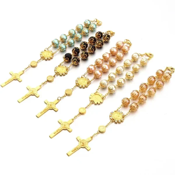 Crystal Wholesale 10mm Imitation Pearl Beaded Zinc Alloy Catholic Unisex Virgin Mary Rosary Bracelets with Crucifix