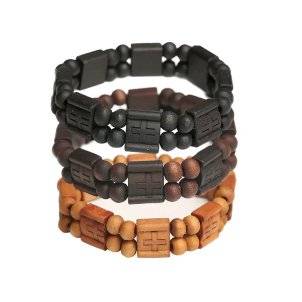 Wholesale Natural Wooden Cross Bracelet with Beaded and Diamond Stone Black Brown Religious Christian Style Jewelry