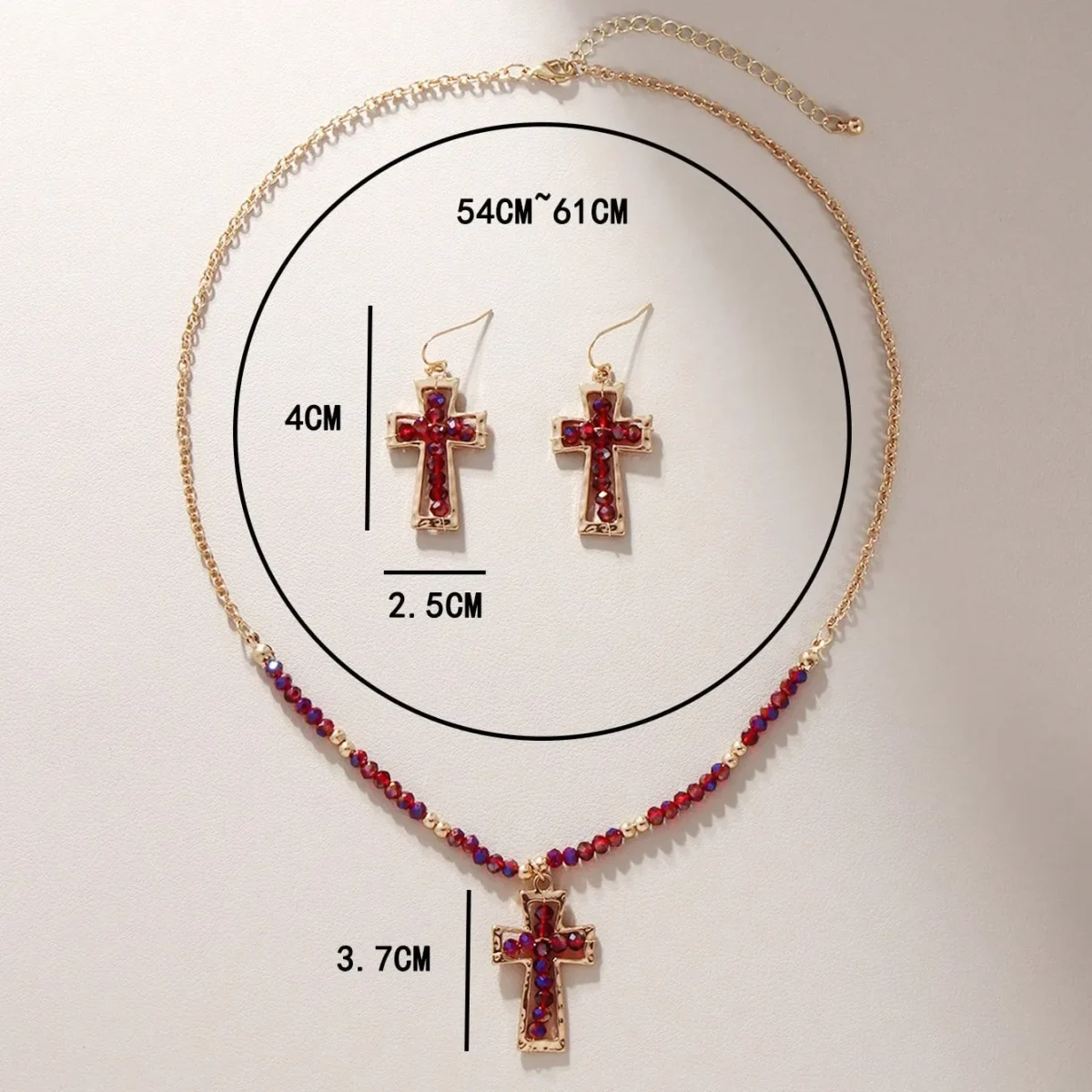 Trendy Teal Blue Glass Beaded Cross Necklace Earrings Set Stainless Steel Link Chain Gold Heart Shape Featuring Diamond Pearl - Image 4