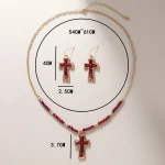 Trendy Teal Blue Glass Beaded Cross Necklace Earrings Set Stainless Steel Link Chain Gold Heart Shape Featuring Diamond Pearl - Image 4