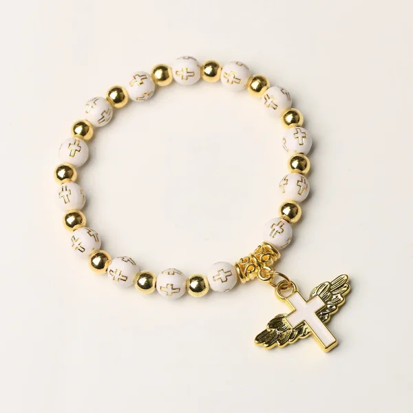 Catholic Cross Wings Gold Stamping Acrylic Cross for Bracelet with Enamel Beads Angel Beads Baptism Rosary for Bracelet