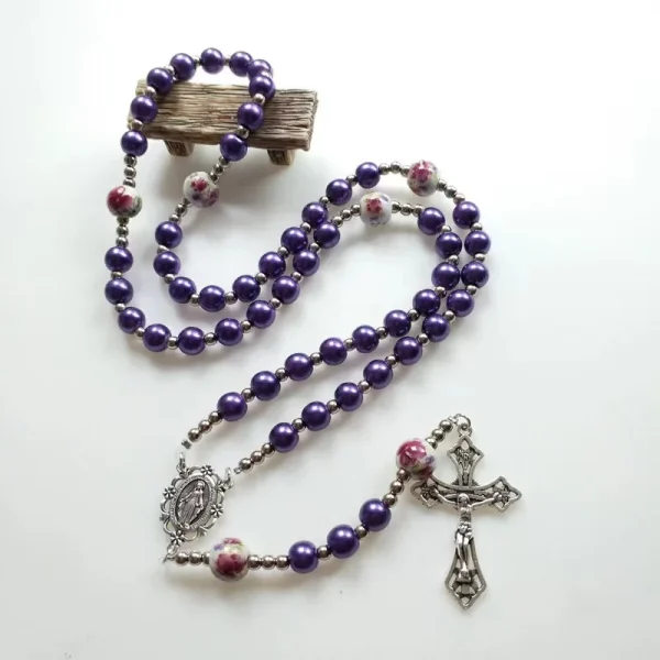 Mecrt Catholic Rosary Glass Crucifix Imitation Pearl Cross Rosary Zinc Alloy Necklace Beaded Pendant Chain Gift Wholesal