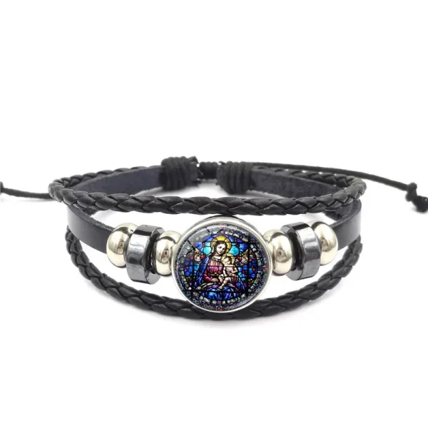 Mecrt Men’s Religious Punk Cuff Bracelets Virgin Mary Medal Beaded Woven Leather Wristband Zodiac Gifts with Cross