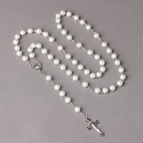 Catholic Vintage Religious Cross Rosary Necklace Gkass Imitation Pearl 8MM Beads Easter Christian Sacrifice Church Gifts