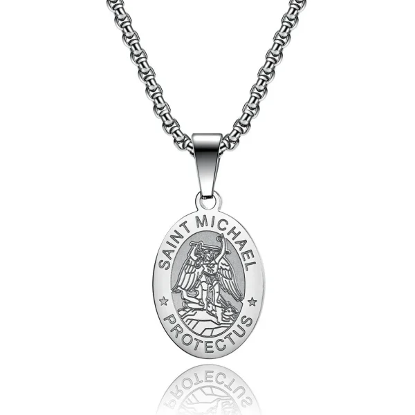 St Michael Archangel Print Pendant Necklace Stainless Steel Blake Oval Pendant Religious Cross Alloy Beads Religious Gif