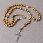 Catholic Wood Rosary Necklace, Wooden Prayer Beads with Zinc Alloy Saint Benedict Cross Pendant, Religious Jesus Neck Jewelry
